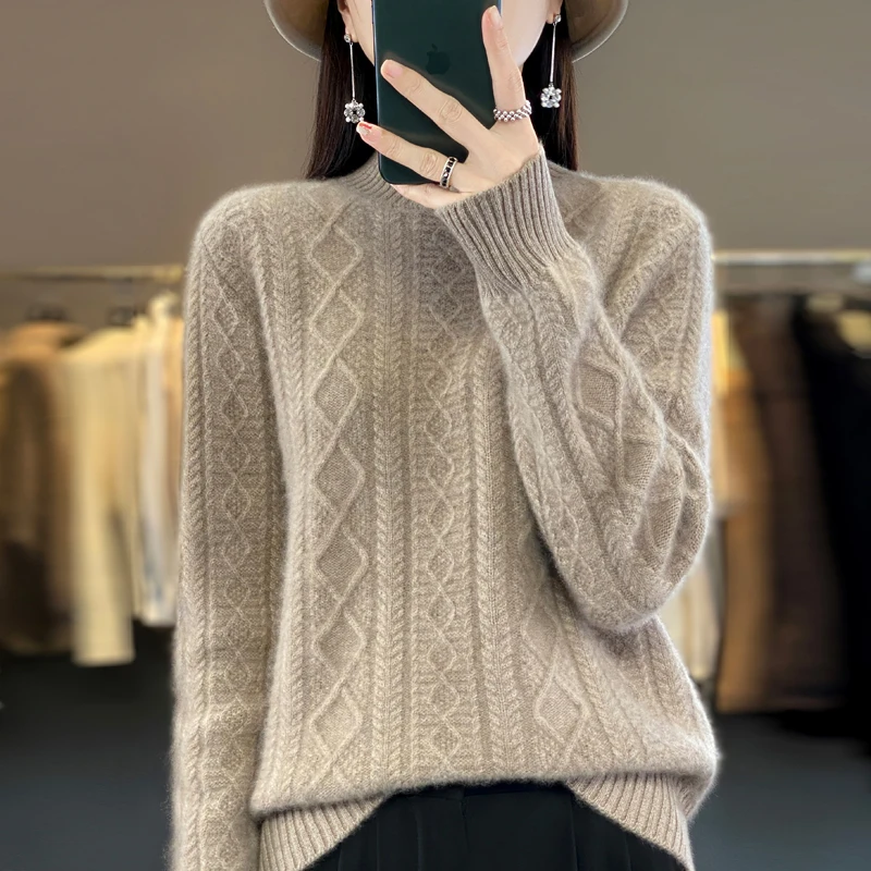 New 100% merino wool cashmere sweater in autumn and winter Women\'s Sweater Twisted Thickened High-necked Long-sleeved Warm Top