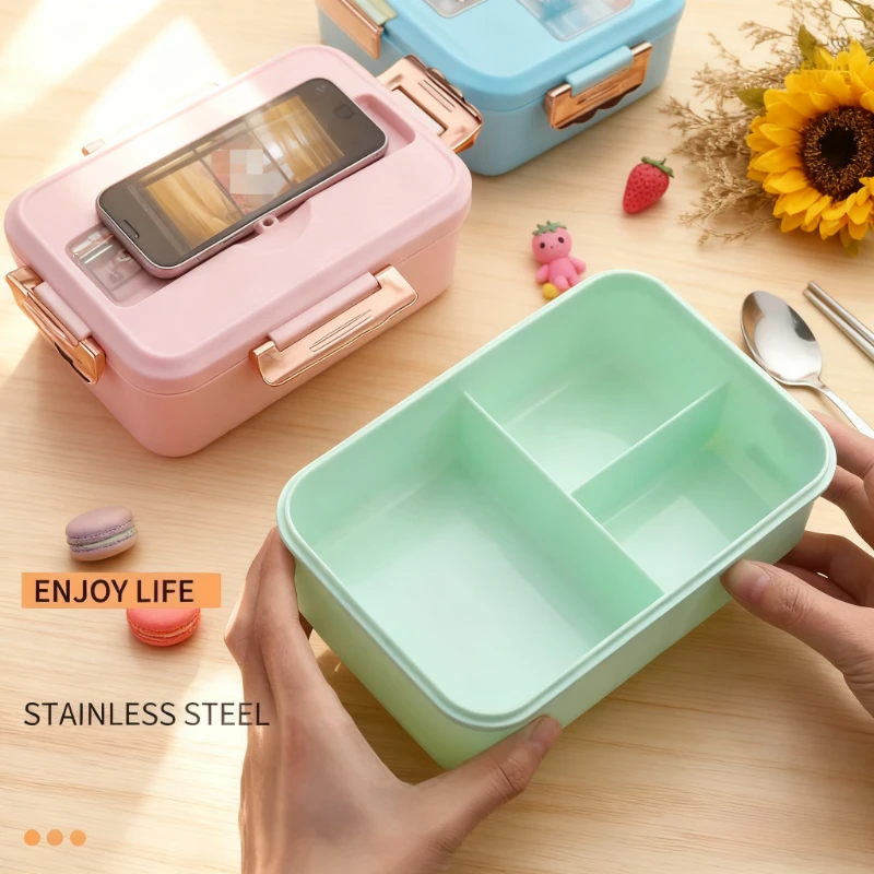 

Ланч-бокс с мультяшным узором для студентов, три сетки, пищевой пластиковый ящик для бенто с посудой, микроволновая печь с подогревом, офисная коробка для еды