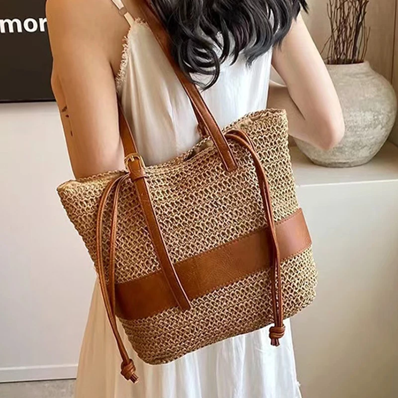 

2025 Casual Large Capacity Straw Bags Handmade Woven Women Shoulder Bag Paper Lady Handbags Summer Beach Big Tote Shopper Purse