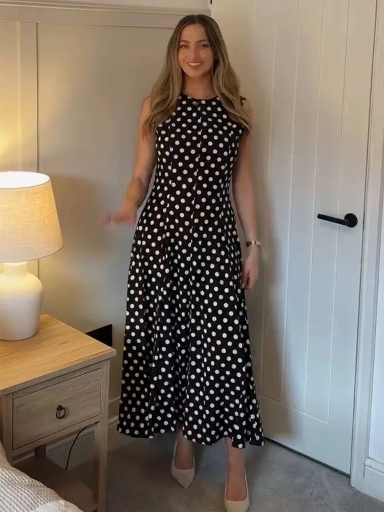 TFMLN Eleganckie damskie sukienki maxi w kropki, szykowne sukienki bez rękawów z okrągłym dekoltem, z wysokim stanem, w kształcie litery A, nowa odzież damska w stylu high street