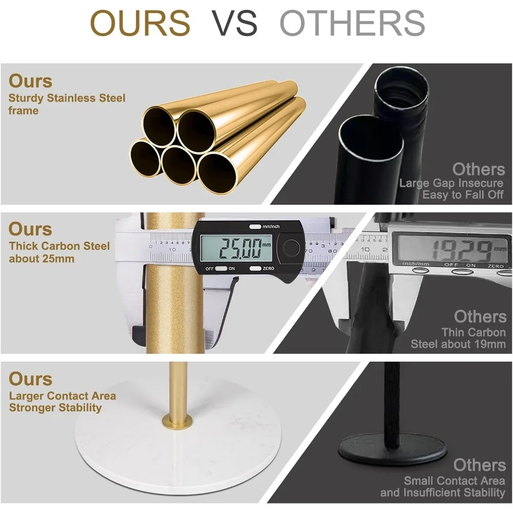 رف معطف معدني قائم بذاته مع 8 خطافات، لمسة نهائية ذهبية، وقاعدة من الرخام الطبيعي للاستقرار الحديث