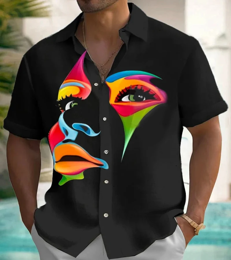 

Men's Painted Women's Face Printed Short-Sleeved Shirt Men's Breathable Cardigan Men's Fashion Clothing Men's Street Casual Top