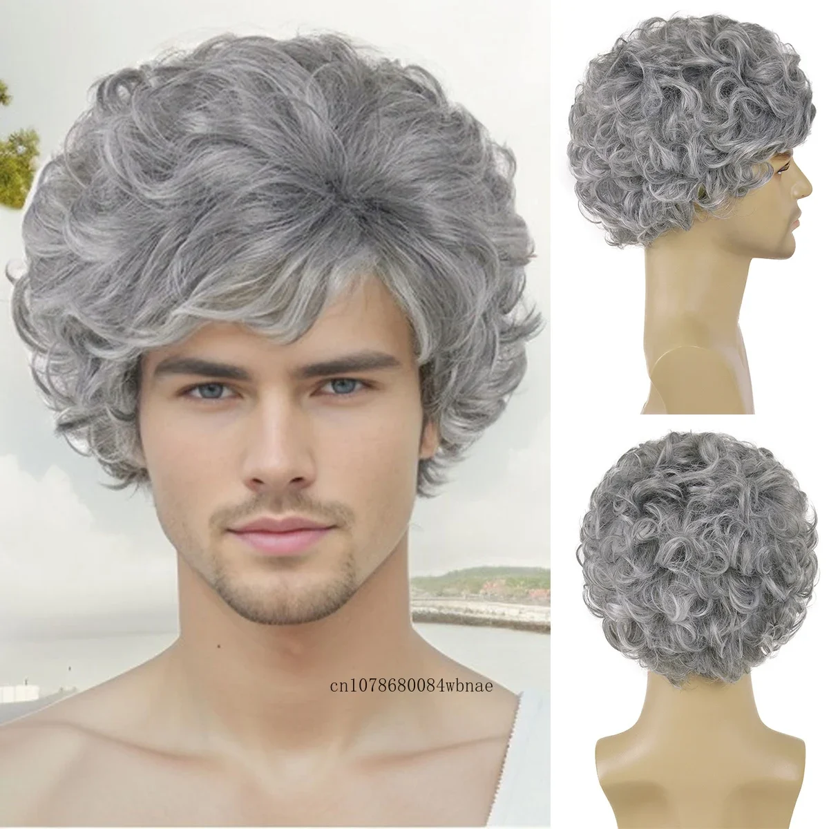 

Older Grandpa Wigs Synthetic Fluffy Curly Short Dark Grey Wig with Bangs for Men High Temperature Fiber Daily Cosplay Costume