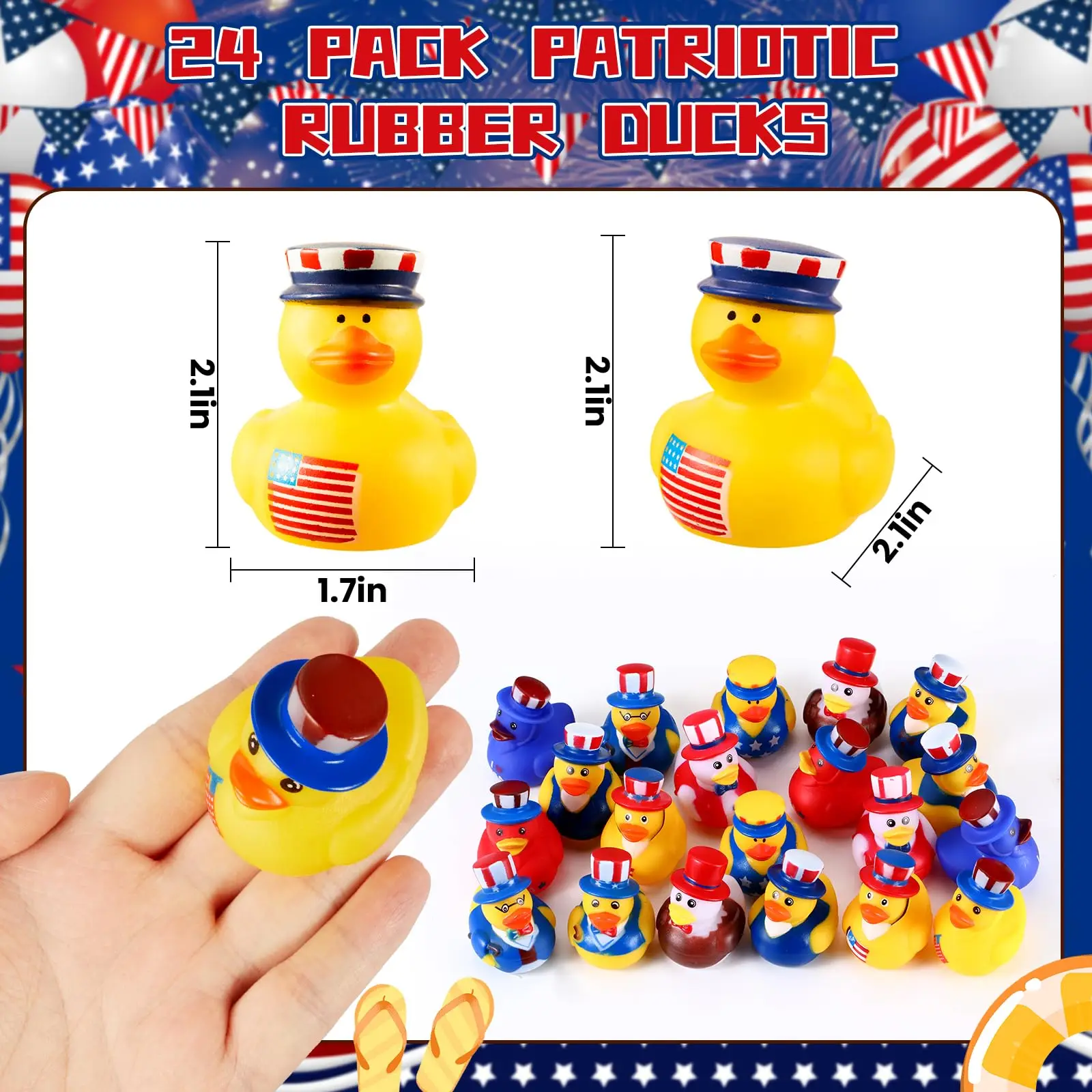 Patos de goma patrióticos para el día de la independencia, bañera exprimible divertida para Baby Shower, suministros de fiesta del 4 de julio, 96 piezas