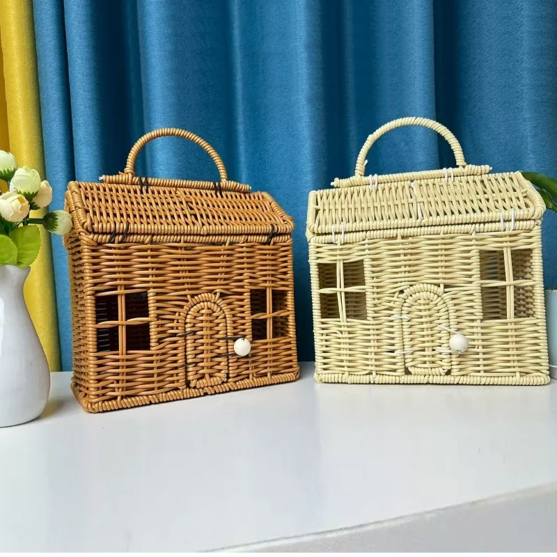 

1Pcs Imitation Rattan House Shaped Basket with Lid, Decorative Hand Woven Shelf Organizer with Folding Handle