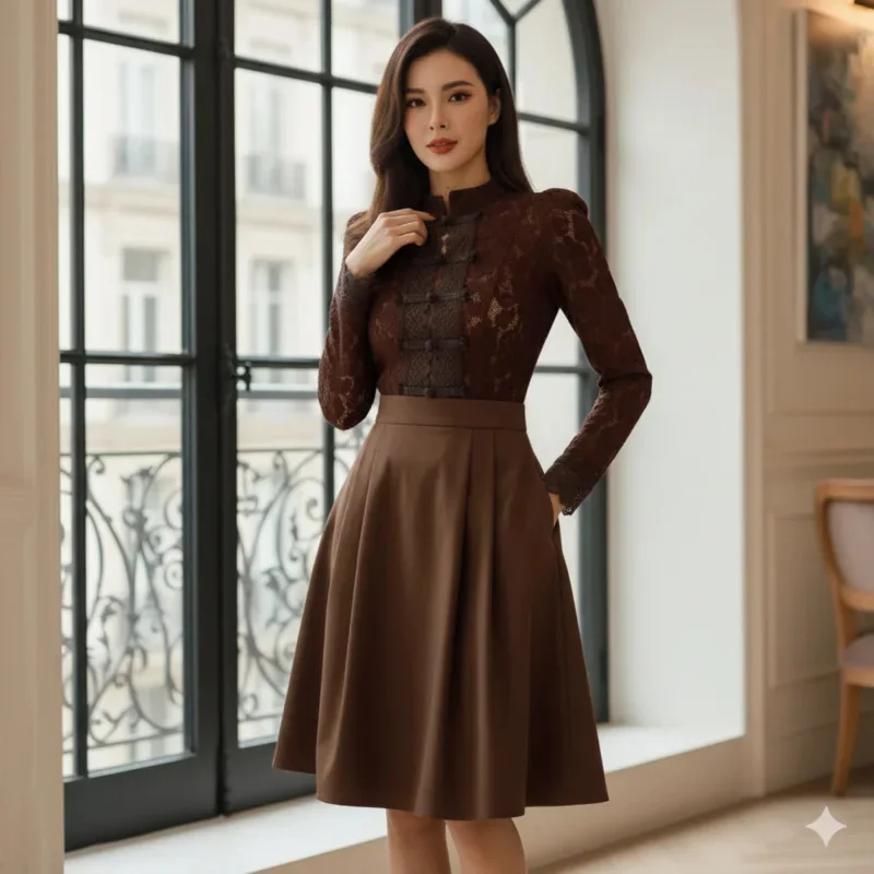 

Elegant Women Lace Shirt Long Sleeve Slim Fit Stand Collar Button Top Breathable Fabric For Office Commute Party Daily Wear Soft