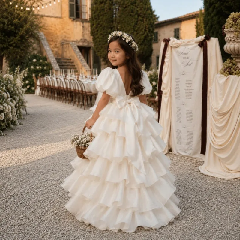 Organza Puff Sleeve High Low Ruffle Tiered Flower Girl Dress Round Neck Asymmetrical Trailing Hem Kids Gown Wedding
