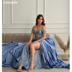 Amanda personalizado Sexy azul fuera del hombro Vestido De Novia tren desmontable Vestido De graduación Vestido De Noche De trompeta con abertura lateral