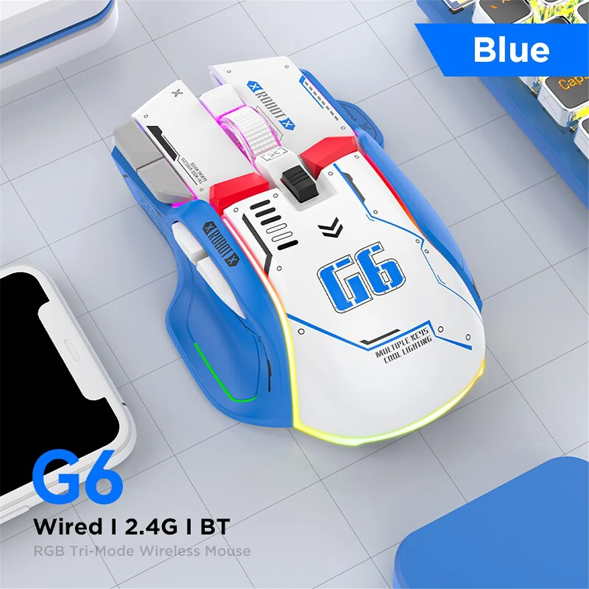 G6 Wireless Gaming Mouse 3 Modes 4000 DPI 11 RGB Backlit Rechargeable Silent Computer Gaming Mice -White