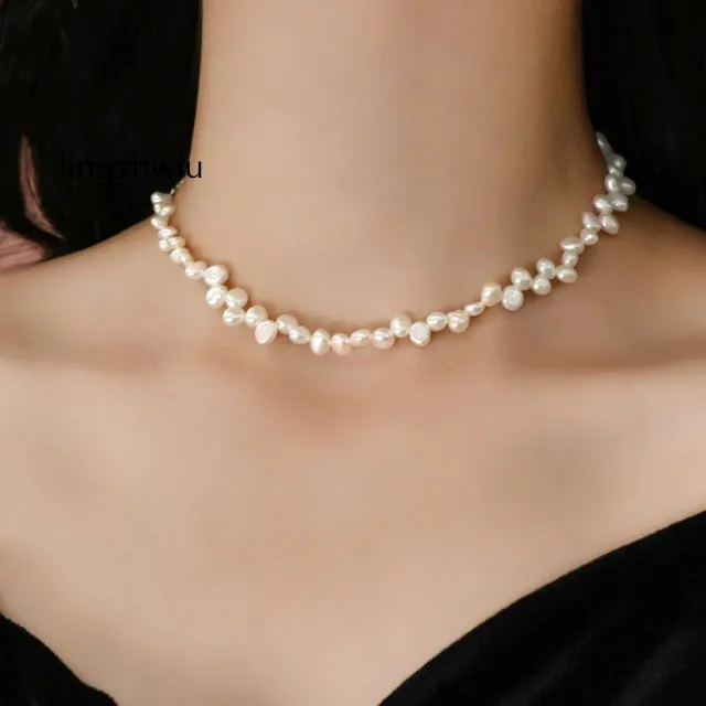 lingzhiwu Women 925 Silver Baroque Natural Pearls Necklace Influencer Irregular Pearls Neck Chain Luxury Choker Chain Female New