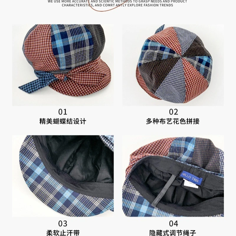 Koreanische Schleifenstickerei Karierte Mode-Baskenmütze für Damen, Sommer- und Herbst-Nischen-Retro-Britische Große Version Achteckige Newsboy-Kappe – Detail 6