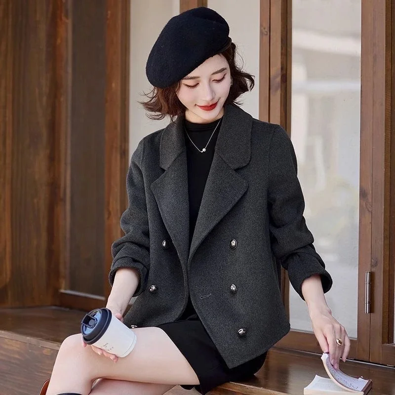 

2026 New Fashion Short Woolen Coat Women's Woolen Coats Spring Autumn Temperament Double-breasted Blended Woolen Jacket Top