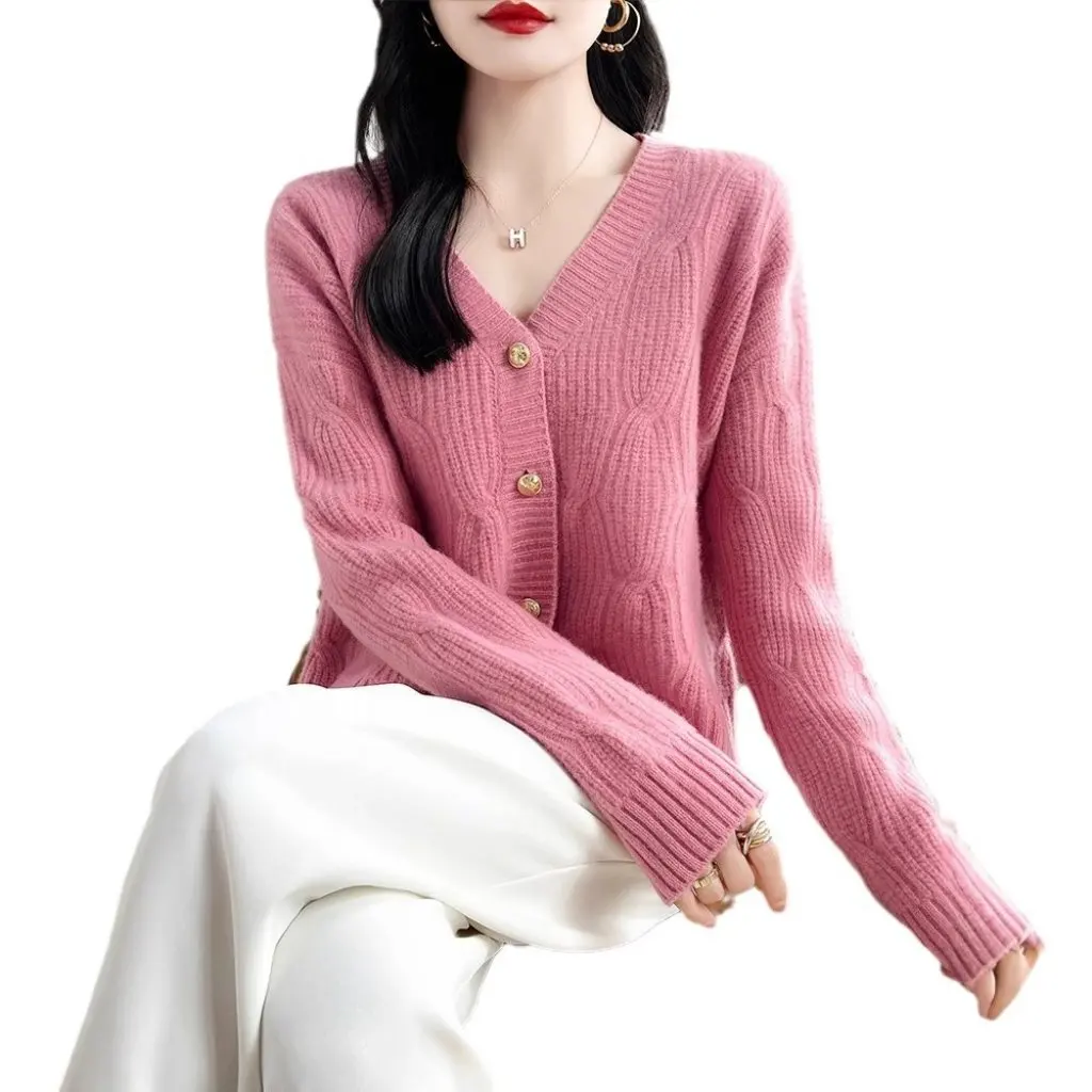 

Women's V-neck Thickened Wool Cardigan Long Sleeve Twisted Flower Design Loose Fit Autumn Winter 100% Pure Wool Sweater Top