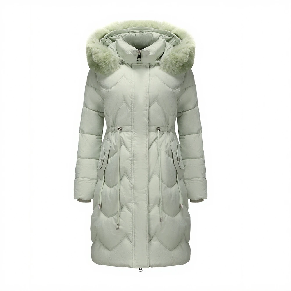 

Women's Thickened Mid-Length Cotton Jacket With Big Fur Collar Waist-Cinching Coat New Winter Fashion European Trade
