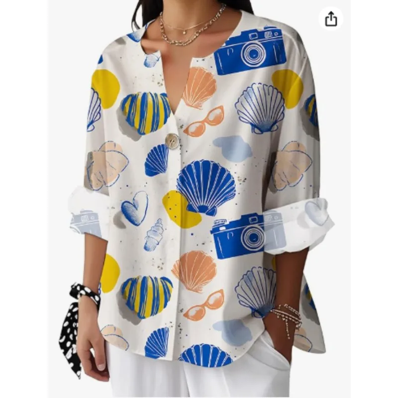 

Women's summer shirts, seaside, vintage floral kaftan bohemian buttons, cool graphic tops, loose, stylish, comfortable