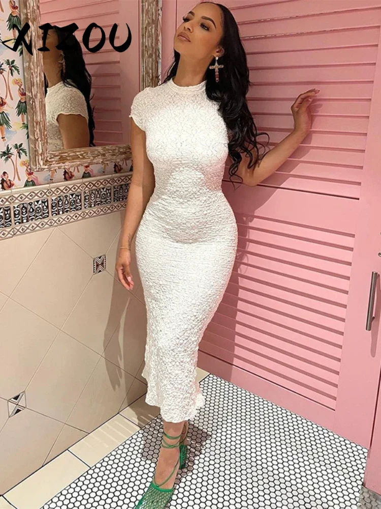 

XIZOU White See Through Bodycon Dress Round Neck Short Sleeves Split Black Long Dress Elegant Party Evening Female Vestidos