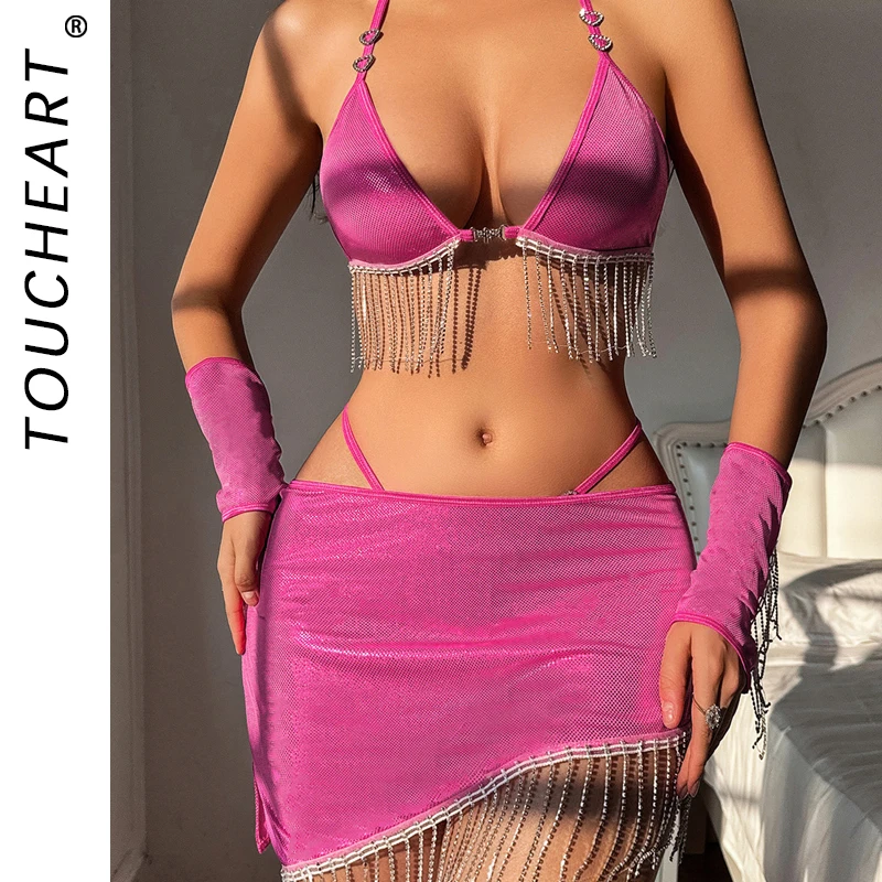 

Toucheart Sexy Tassel Lingerie for Women Perspective Lace-up Halter Neck Exposed Waist Splicing Chain Hip-wrapped Sexy Underwear