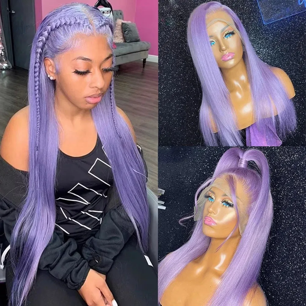 ラベンダーパープル色のストレートレースフロントウィッグ事前摘み取られた 13 × 4 HD 透明紫色のかつらレースフロント合成女性のための