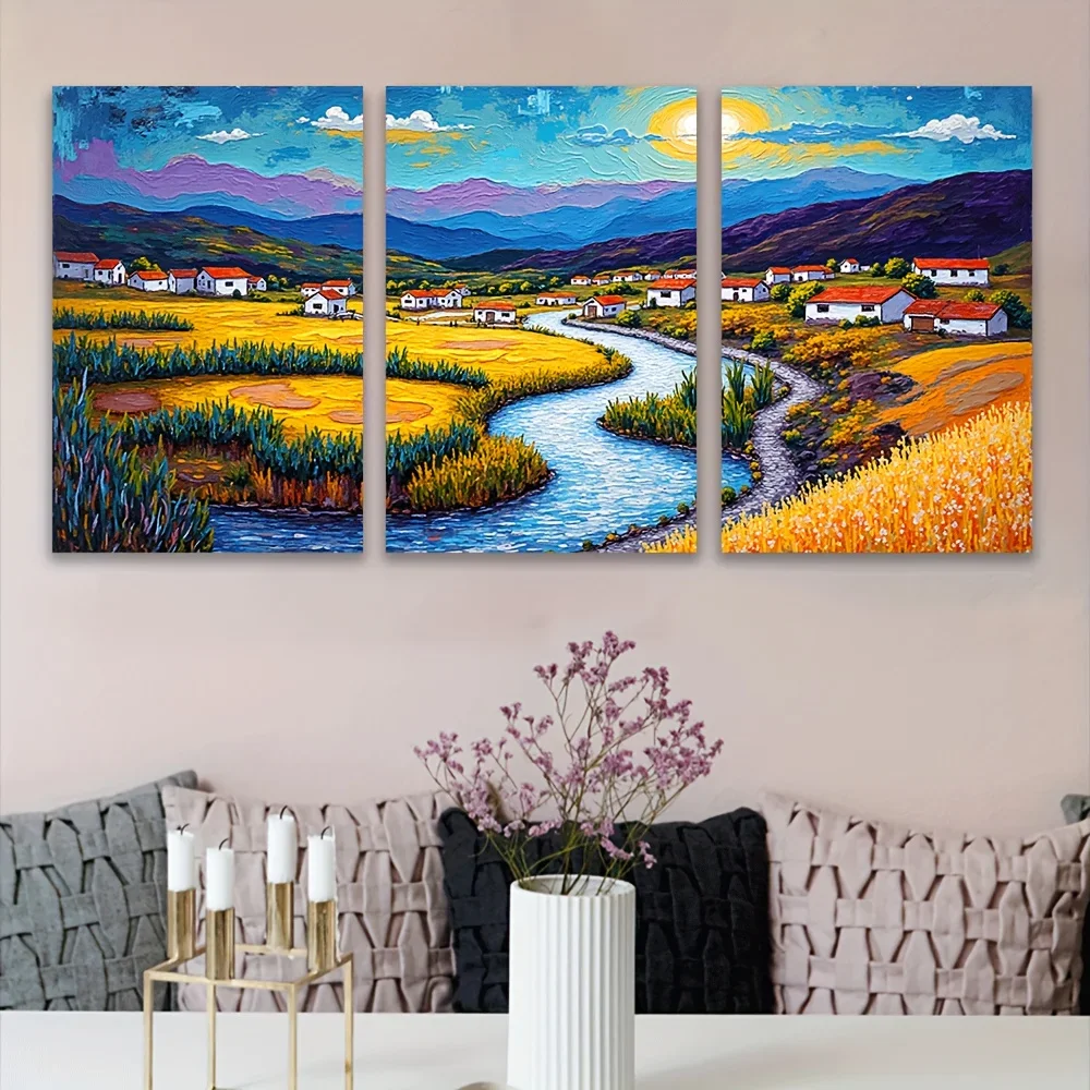 3pcs frameless Canvas Painting (No frame)2D Flat, 3pcs Modern Minimalist Frameless Canvas - Vibrant River, Mountain & Sunset Lan