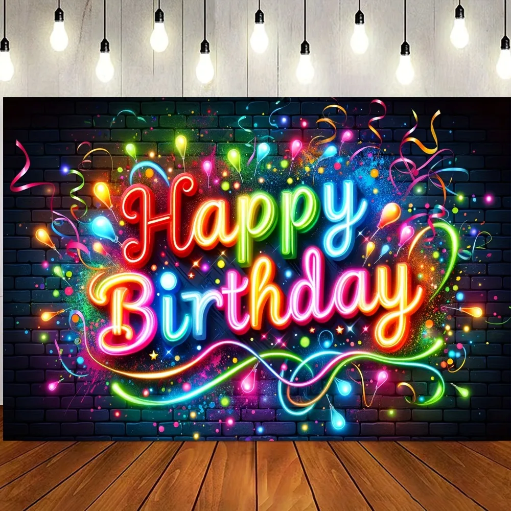 Happy Birthday Neon Graffiti Banner - Polyester party background, suitable for photo booth, teen hip hop cool theme decoration