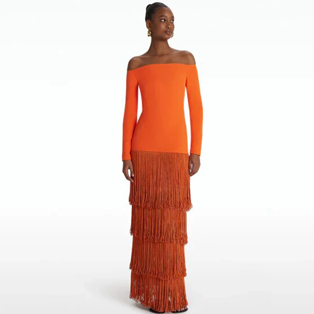 Matching Autumn Formal Dress Orange Jersey Tassel Bespoke Occasion Gown Straight Off-the-shoulder Long Dresses