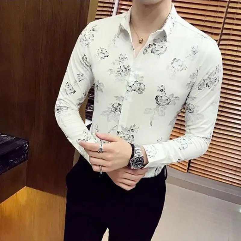 

Spring Autumn New Men's Fashion Casual Handsome Slim Long Sleeve Polo-Neck Button Printed Floral Commuter Floral Shirt Tops