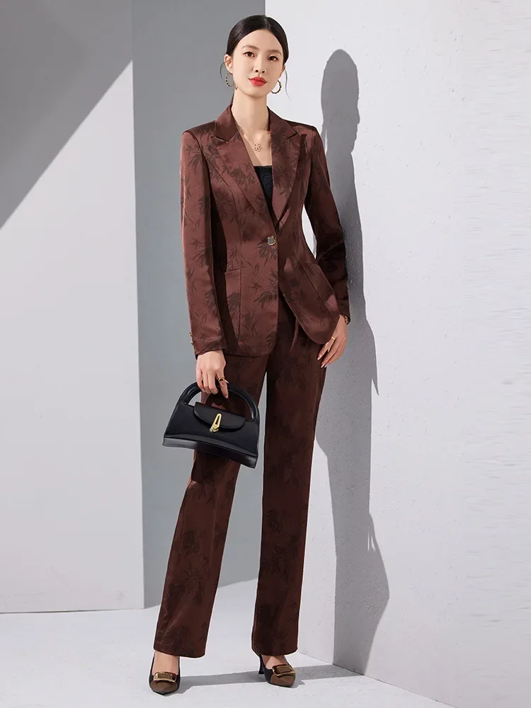 Pop Two-Piece Leaf Print Blazer Pantsuits Set For Women Office Ladies Business Single Buttons Formal Spring Autumn Trousers Suit