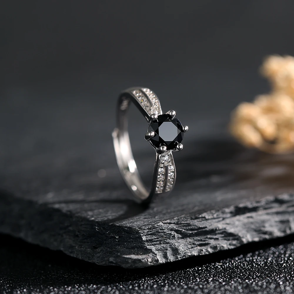 

Natural Black Spinel Ring S925 Sterling Silver Adjustable Wedding Band for Women Engagement Promise Ring Stackable Boho Jewelry