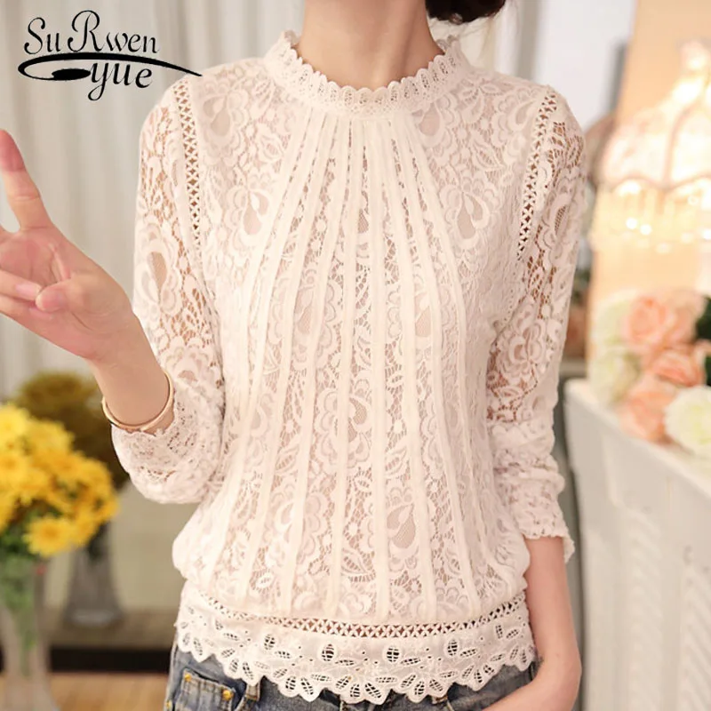 Spring Autumn New Ladies White Blusas Women's Long Sleeve Chiffon Lace Crochet Tops Blouses Women Clothing Feminine Blouse 51C