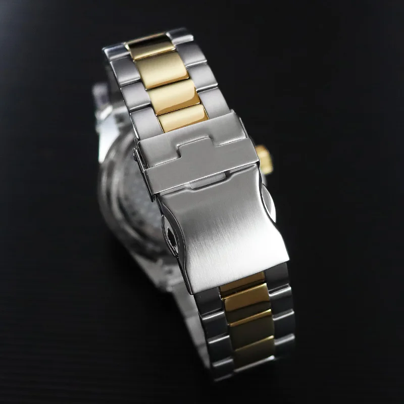 Business Men's Watch Multi functional Waterproof Stainless steel Bracelet Quartz Watches Aluminium Bezel PVD Gold 20ATM