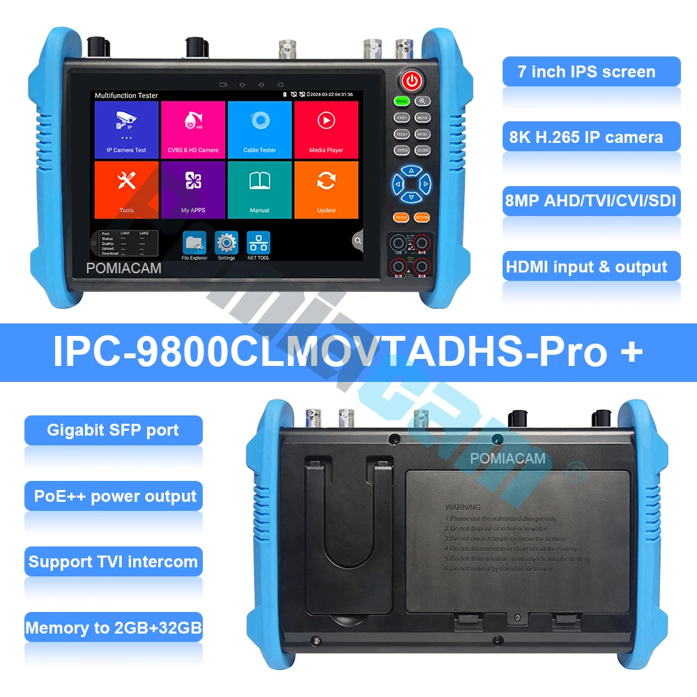 7-Inch IPS Touchscreen CCTV Camera Tester Support for 8K IP & 8MP AHD/TVI/CVI with 90W PoE+ +  PTZ Control,5200mAh Battery
