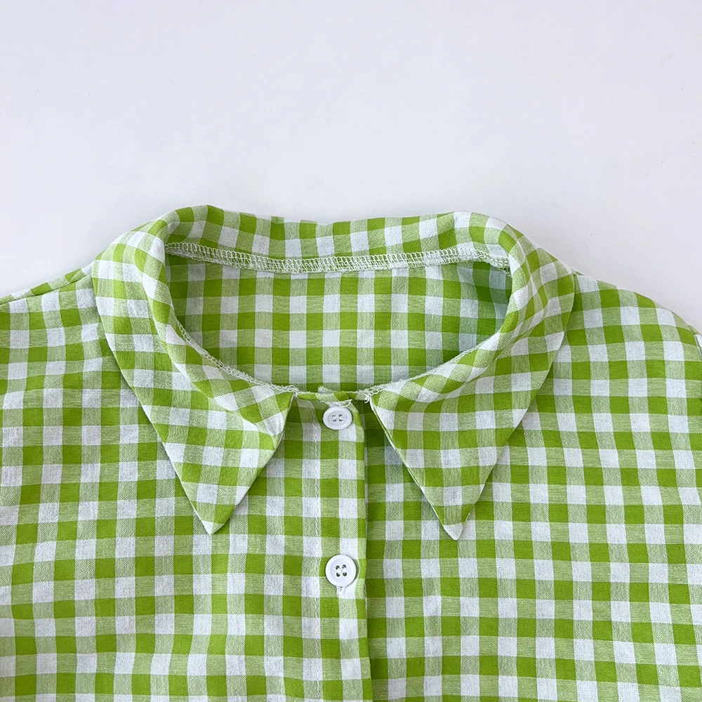 Bear Leader Summer Girls\' Green Checkered Suit Long Sleeved Shirt+vest+elastic Shorts 3-piece Sets Children\'s Clothing