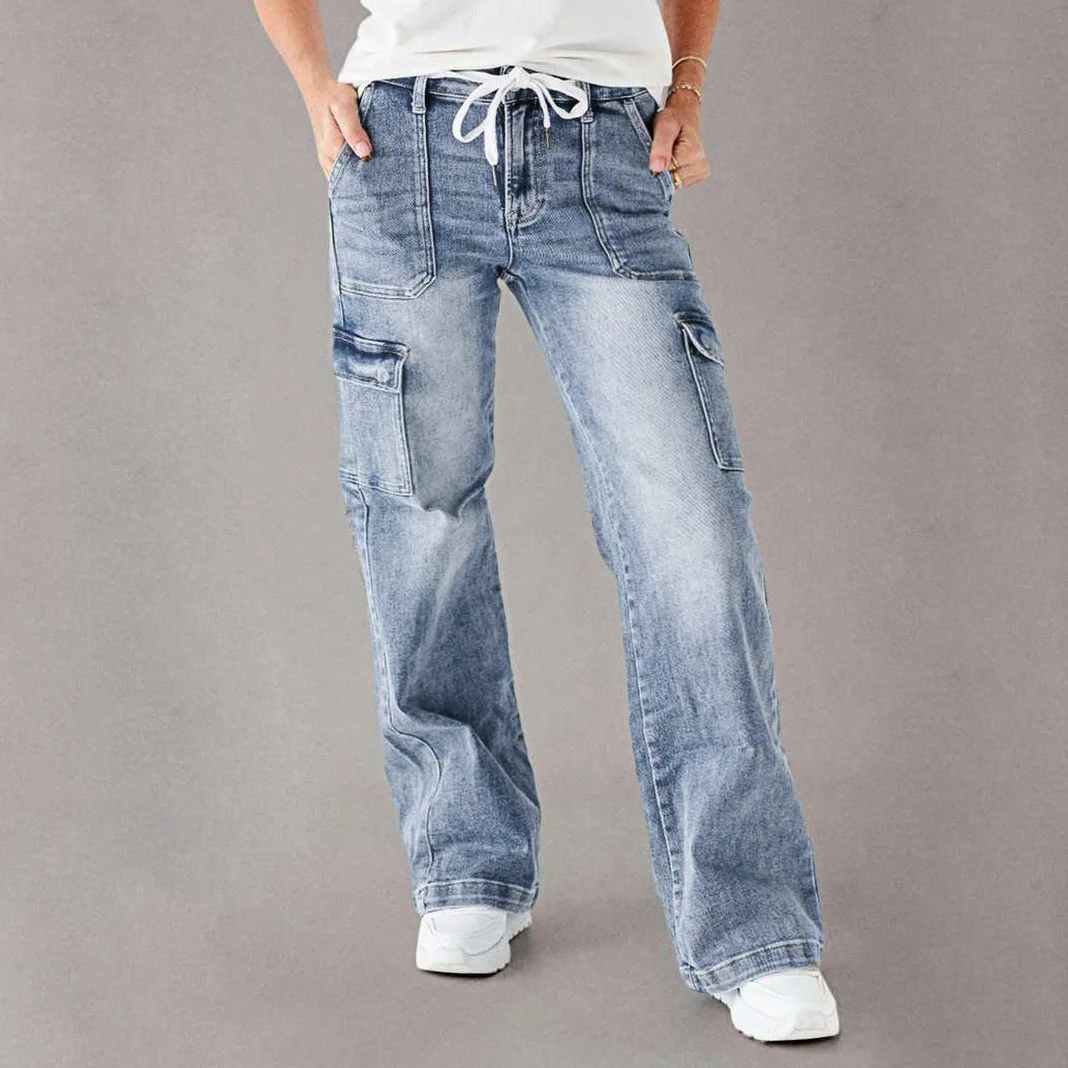 Jeans Cargobroeken Dames Streetwear Denims Gewassen Distressed Trekkoord Vetersluiting Meerdere zakken 2024 Herfst Rechte broek