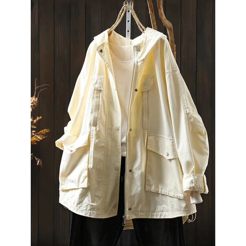 المرأة عادية معطف واقٍ من المطر جديد وصول 2025 الخريف خمر نمط بلون جيوب كبيرة فضفاضة الإناث القطن أساسيات السترات M1896 #4
