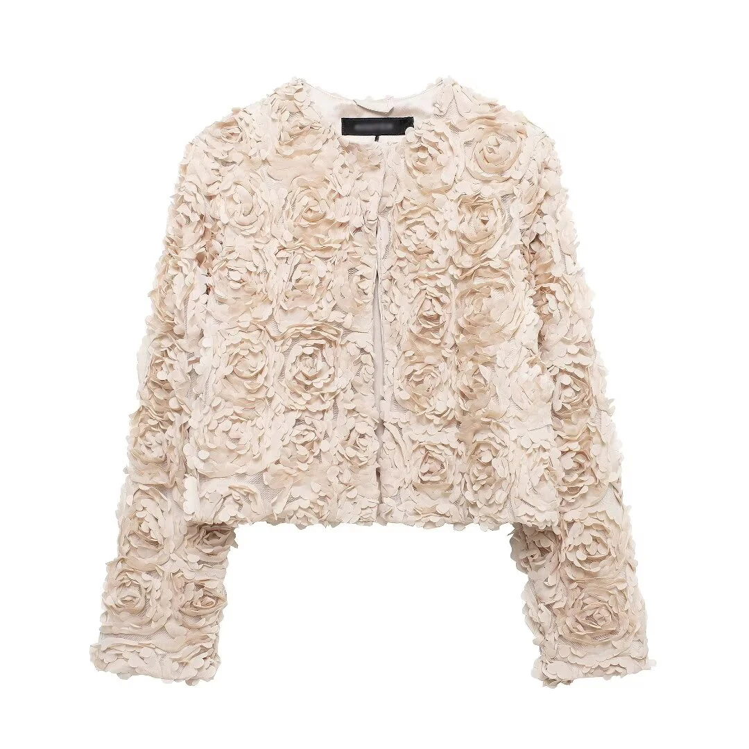 Tangada 2024 Women 3D Flowers Oversized Crop Jacket Coat Long Sleeve Female Outwear 3H0623