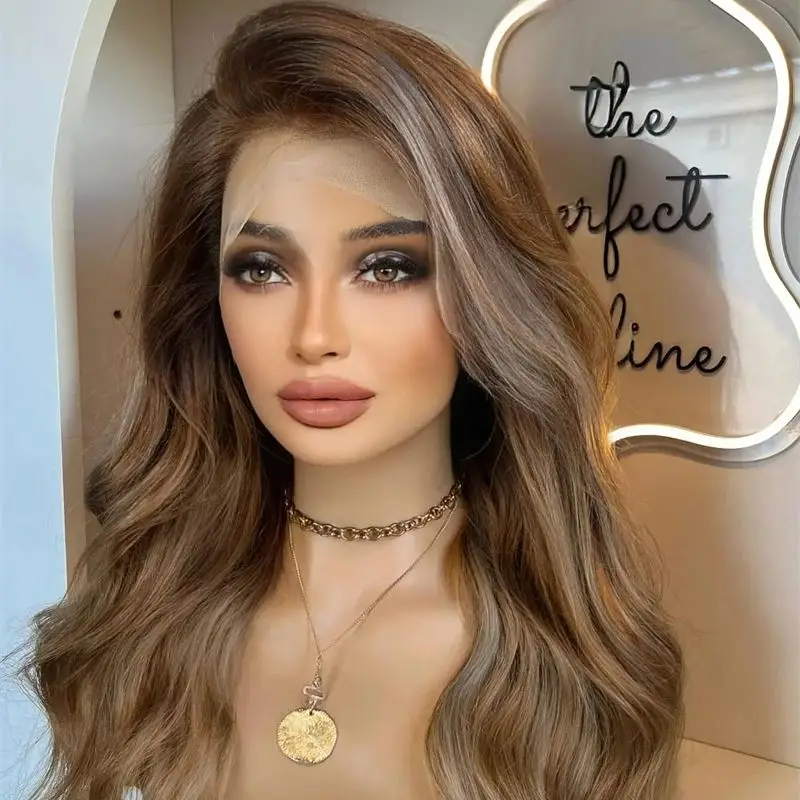 

Blonde Brown Honey Lace Frontal Wig Rooted Brown Heat Friendly Synthetic Wig Blonde Bouncy Wavy Wig for White Black Women 26Inch