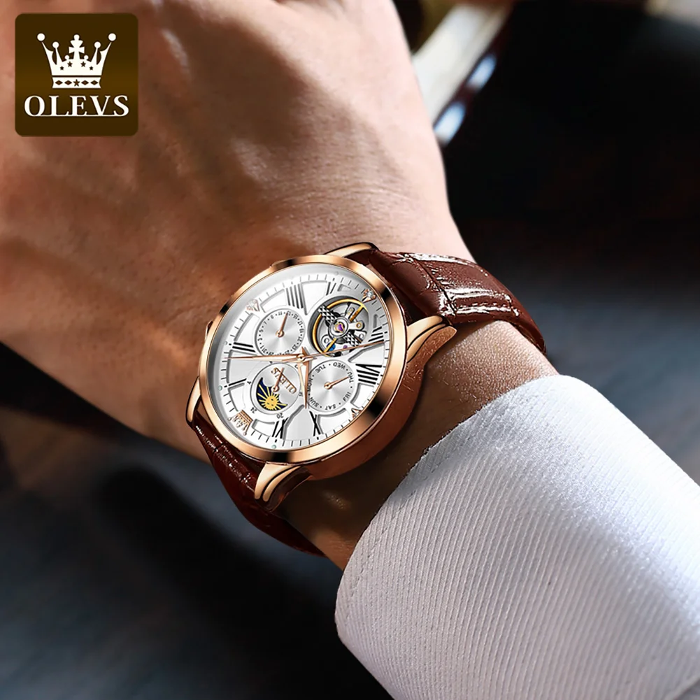 OLEVS التلقائي ساعة اليد الميكانيكية للرجال ، حزام من الجلد مقاوم للماء ، توربيون ساعة الهيكل العظمي ، والأزياء التجارية ، وأعلى الفاخرة