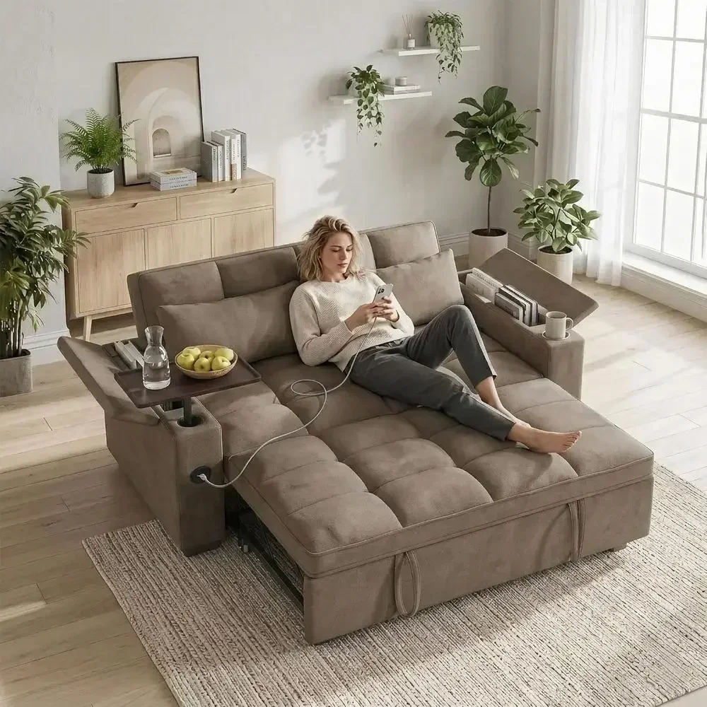 Convertible Sleeper Sofa with Storage, Cup Holders, USB Ports & 360° Swivel Table - 65 Khaki Chenille Fabric