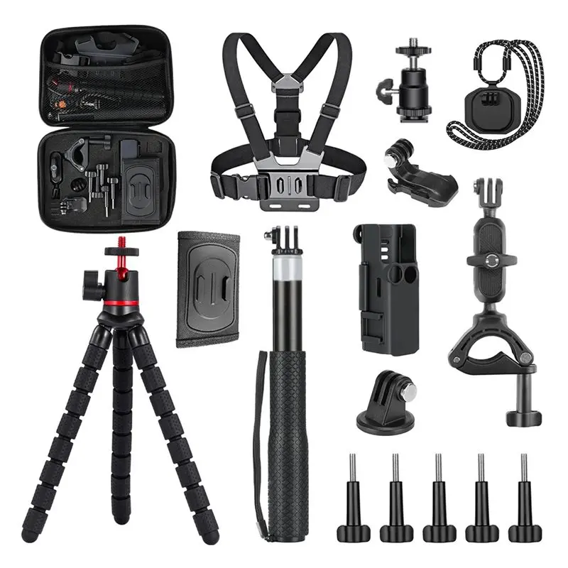 ABKQ-16-In-1 Action Camera Accessory Kit For Gopro/DJI Action 5/4/ Tripod/Chest Mounts/Carrying Case/Cold Shoe Head