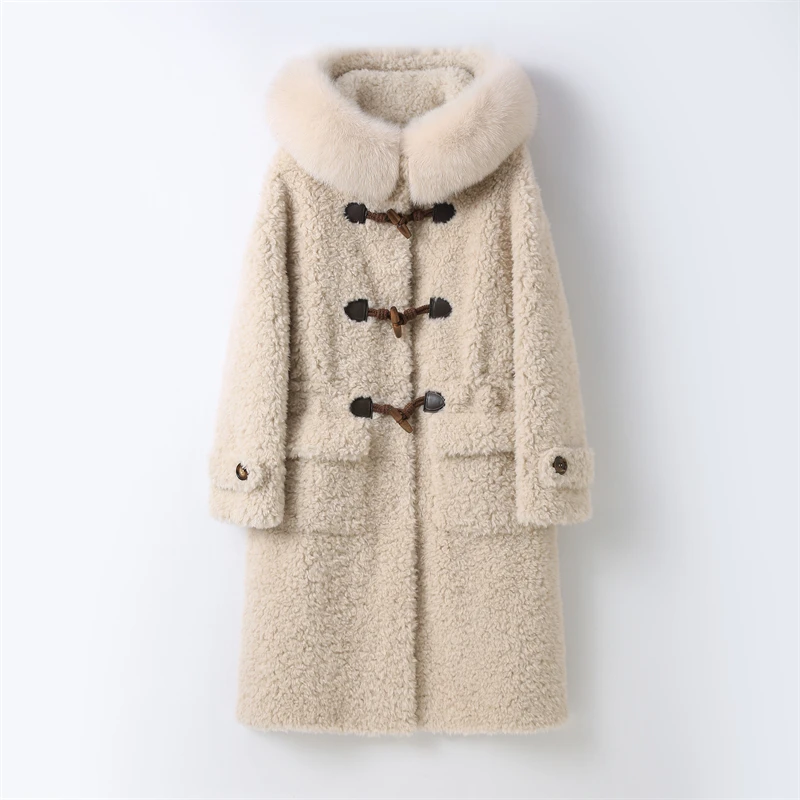 

Pudi 2024 Design Women Fashion Wool Fur Long Coat Female Lamb Winter Real Fox Fur Hooded Warm Jacket CT4112