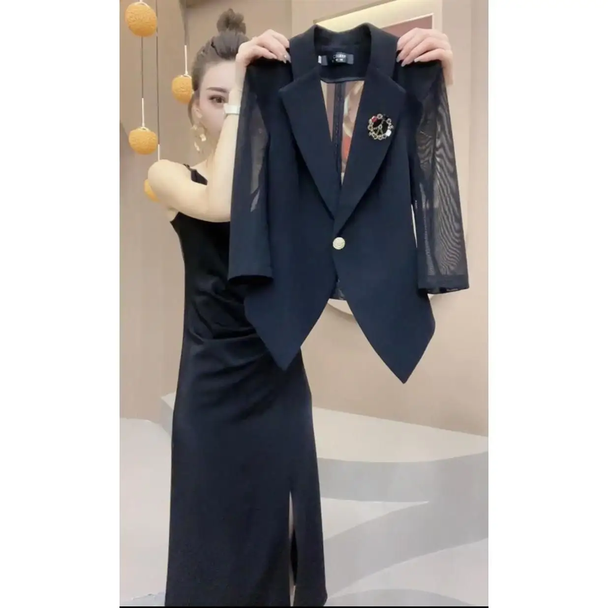 Fashion Suit Skirt for Women in Spring and Summer New Temperament Mesh Splicing Slim Suit Suspender Skirt