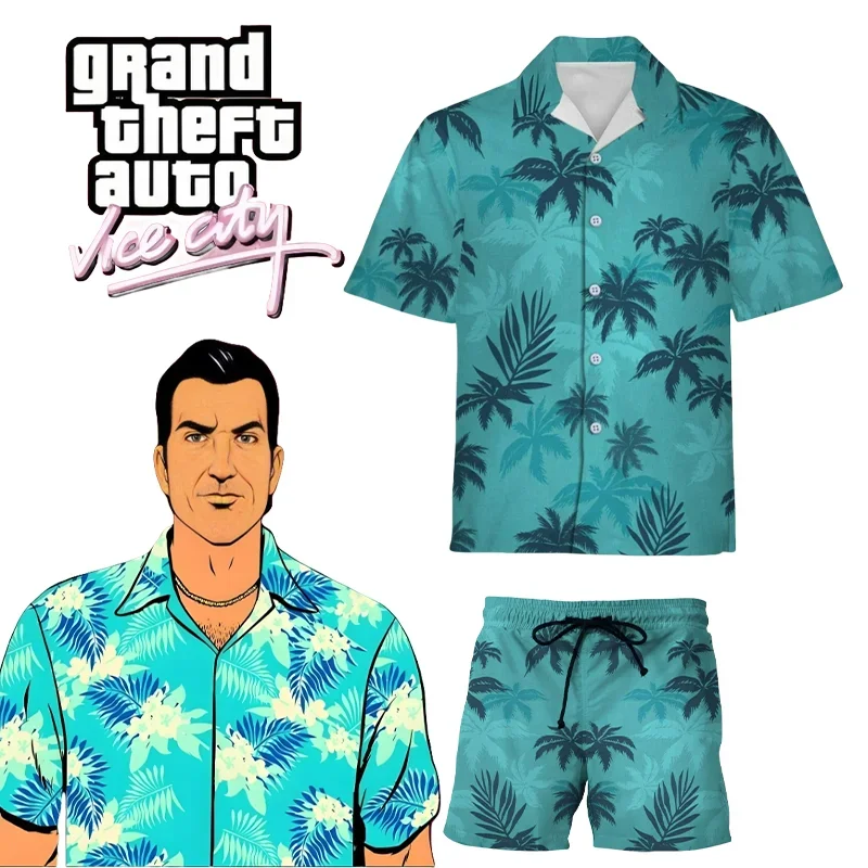 Game Tommy Vercetti Cosplay Costume Color Printed New Casual Lapel Short Sleeve Thin Hawaiian Flower Shirt Men's Cardigan