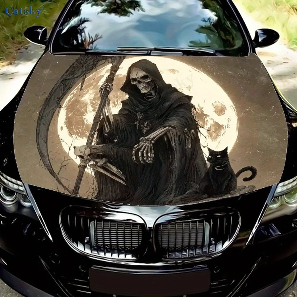

Grim Reaper and Black Cat Under the Moon Car hood packaging sticker, PVC material, self-adhesive waterproof, anti-slip paint, ca