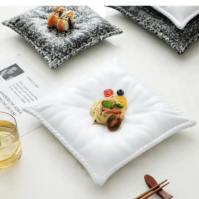 Fabric Pillow Shape Plate Ceramic Dinner White Square Cutlery Dessert Specialty French Meal Breakfast