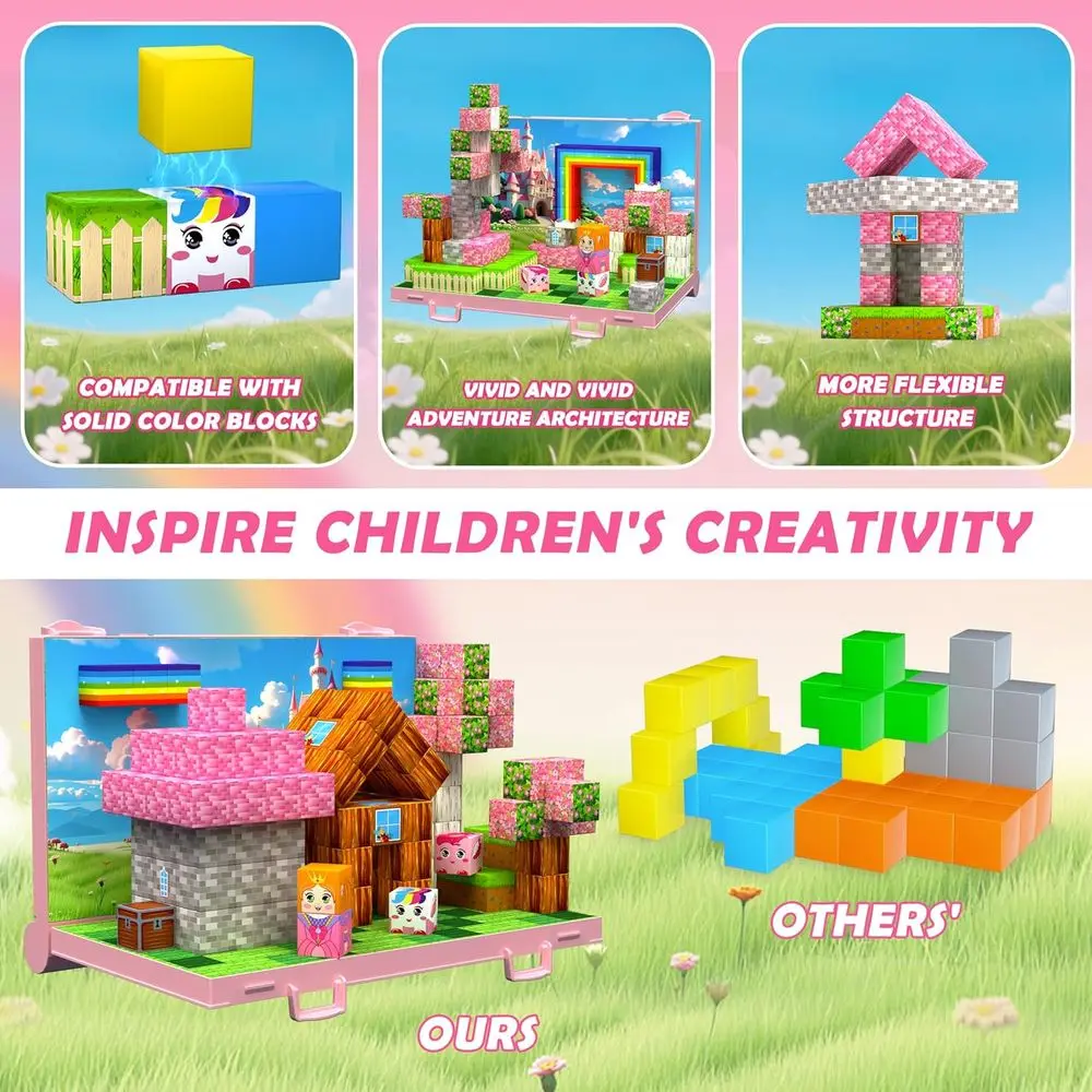 3D Magnetic Building Set with Princess Tiles, Foldable Board, STEM Toy for Ages 3-10