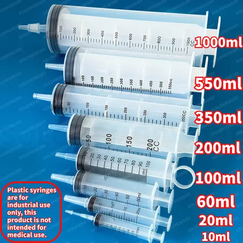 Plastic Syringe, Available in Capacities of 1000ml, 550ml, 350ml, 200ml, 100ml, 60ml, 20ml, 10ml, Suitable for Laboratory Dispensing, Dispensing Glue, Watering, and Veterinary Use