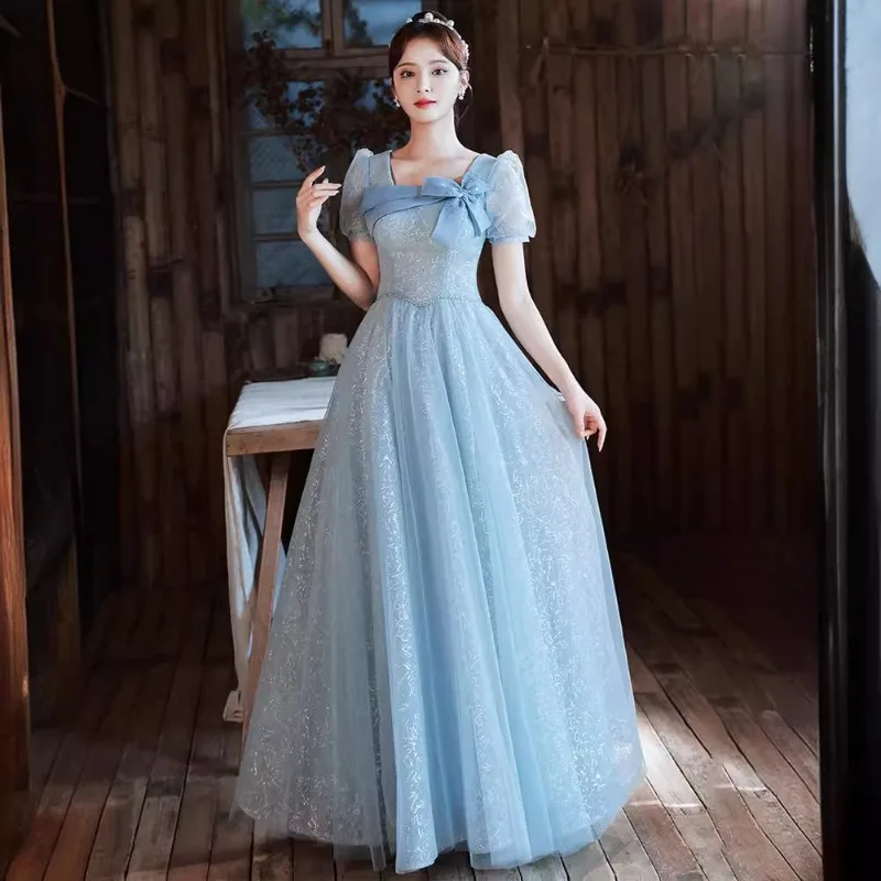 2025 New Women's Summer Blue Bow Purple Evening Dress Fashionable Slimming Student Graduation Art Exam Walking Dress