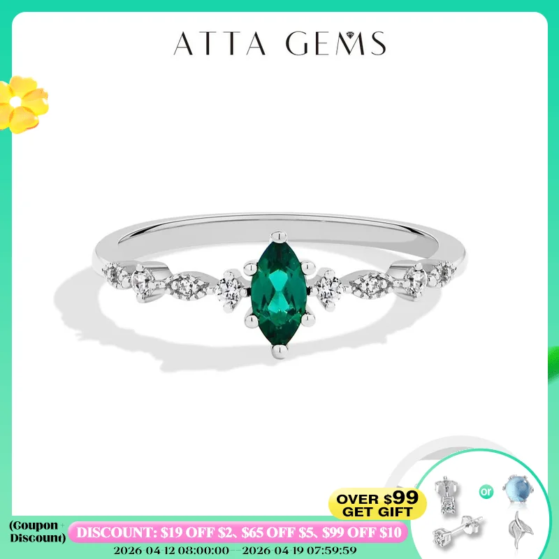 

ATTAGEMS S925 Silver Stackable Zircon Ring Inlaid With 3*6mm Marquise Cut Lab Zambian Emerald ForWomen Daily Wear Trendy Jewelry
