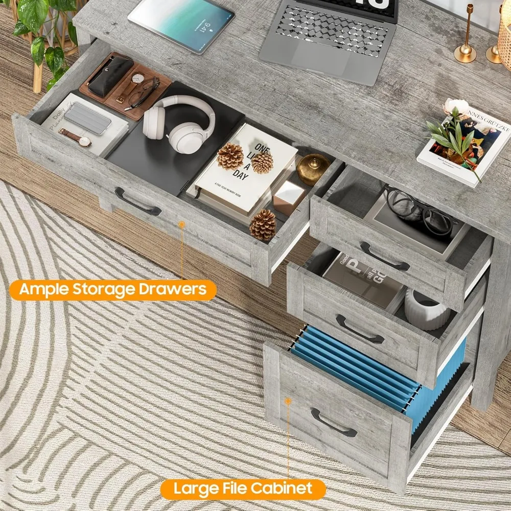 "47" grey home office desk with file drawer and charging station for executive workstation