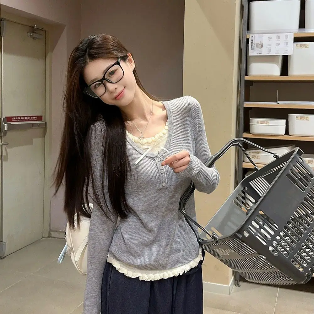 

Women's Sweater 2025 Autumn Slimming T Shirt Fake Two Piece Regular Shoulder Long Sleeve Design Niche